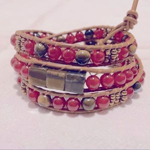 Triple wrap leather gemstone adjustable bracelet